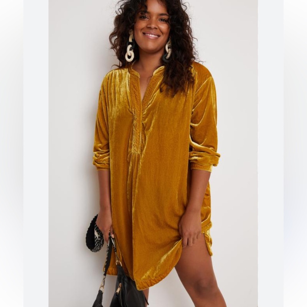 Anthropologie Melody Velvet Tunic Dress M Mustard Yellow - Picture 2 of 9